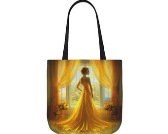 Lady Cynnie Shoulder Tote | Vintage Woman in Art Deco Yellow Satin Gown | Print-all-over Polyester Canvas Bag