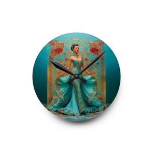 May include: Circular wall clock with a teal illustration of a woman in a teal gown with gold detailing. The clock hands are black. The background features a teal and gold ornate design.