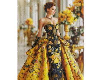 Regency Era Lady Jigsaw Puzzle | Chic Woman in Yellow and Black Ballgown