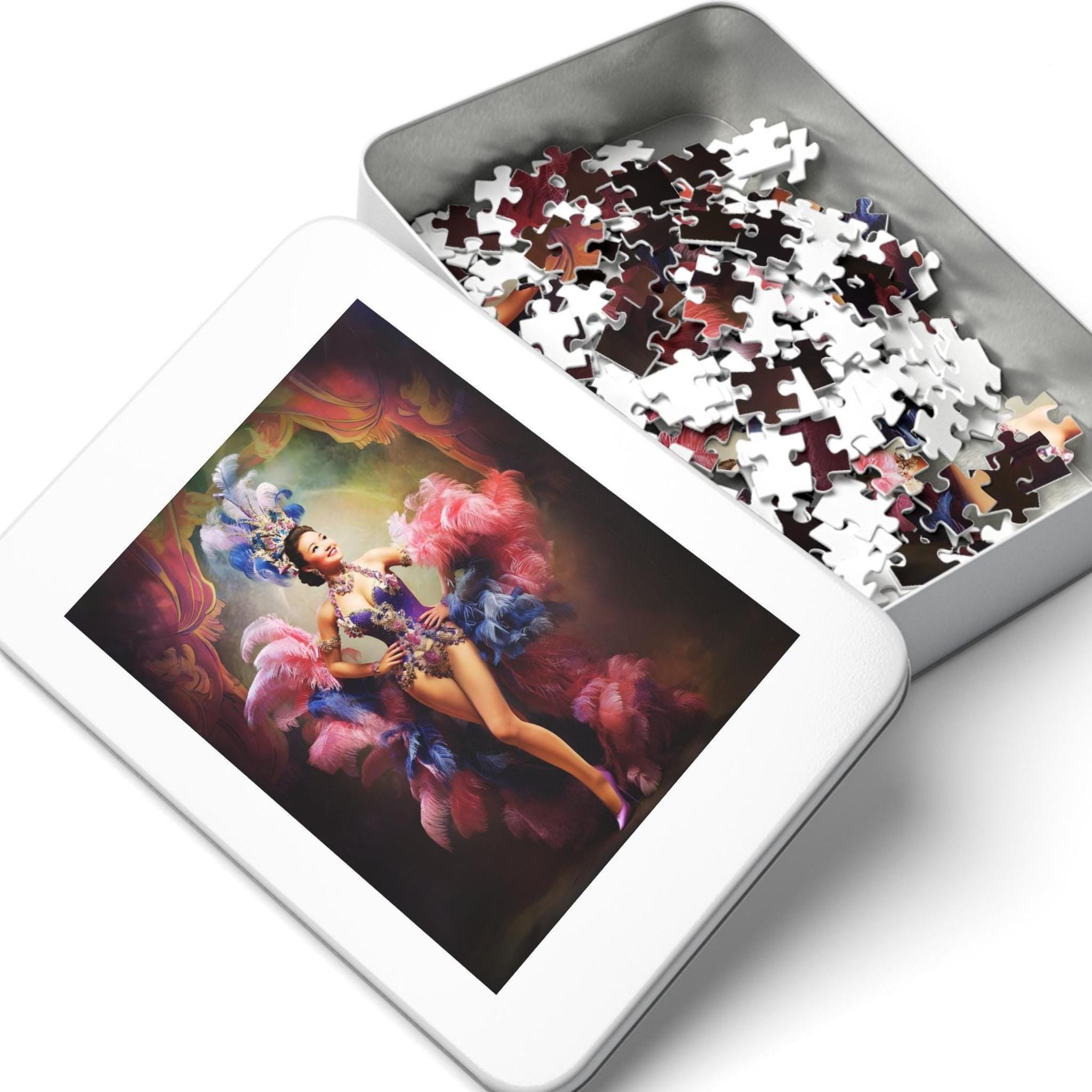 Lady LiLa Jigsaw Puzzle in Tin, 1950s Asian Showgirl in Pink and Purple, 110, 252, 520, 1000, or 2000-piece Gift for Puzzle Enthusiasts