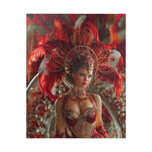 May include: A jigsaw puzzle featuring a woman in an elaborate red and gold costume. The costume includes a feathered headdress, a jeweled necklace, and a bodice. The background is a blurred, ornate design.
