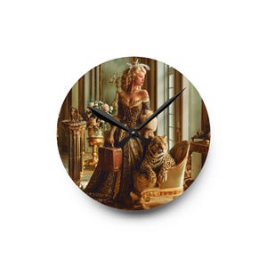 May include: Round wall clock featuring a woman in a leopard print dress, holding a suitcase, with a leopard seated in a chair. The clock has black hands and a white background, with a vintage-style design.