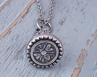 Silver Bee Wax Seal Stamp Necklace - Solid Cast Silver Plated White Bronze - Multiple Chain Lengths Available