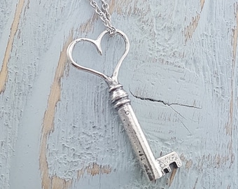 Sterling Silver Heart Necklace,  Skeleton Key Charm,  Heart Key Pendant, Gift for Girlfriend, Jewelry for Wife, Gift for her