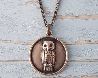 Owl Pendant Charm Necklace - Personalized Jewelry - Engraving Available Gold Long Pendant Solid Bronze Owl Jewelry - Multiple Chain Lengths