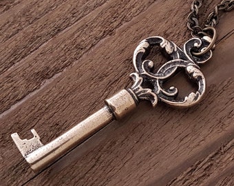 Antique Bronze Skeleton Key Necklace Pendant - Ornate Solid Cast Bronze Victorian Reproduction - Multiple Chain Lengths Available