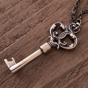 Antique Bronze Skeleton Key Necklace Pendant - Ornate Solid Cast Bronze Victorian Reproduction - Multiple Chain Lengths Available