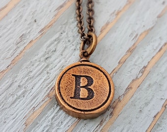 Gold Custom Letter Necklace Initial Charm Bronze Typewriter Key  Personalized Gold Disc Necklace - ABCDEFGHIJKLMNOPQRSTUVWZYZ