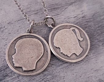 Girl and Boy Silhouette Charms in Solid 925 Sterling Silver on a Matching Chain Necklace - Custom Engraved Message on Back