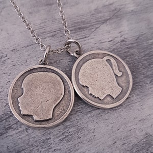 Girl and Boy Silhouette Charms in Solid 925 Sterling Silver on a Matching Chain Necklace Custom Engraved Message on Back image 1