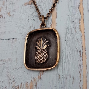 Pineapple Charm Pendant Necklace - Solid Hand Cast Jewelers Bronze - Polished Oxidized Finish - Custom Gift Engraving  Personalized