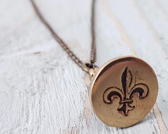 Gold Wax Seal Necklace, Fleur de Lis Seal Stamper, Bronze Fleur de Lis, Fleur De Lis Wax Seal,  Wax Seal Necklace, Custom Wax Seal Stamper