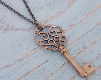 Fancy Key Necklace, Gold Key Necklace, Fancy Skeleton Key Necklace, Ornate Charm, Vintage Key Necklace, Bronze Pendant, Scrolled Pendant