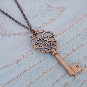 Fancy Key Necklace, Gold Key Necklace, Fancy Skeleton Key Necklace, Ornate Charm, Vintage Key Necklace, Bronze Pendant, Scrolled Pendant image 1