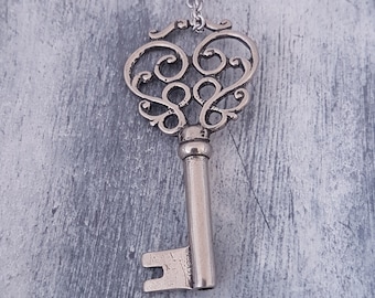 Skeleton Key Necklace, Silver Key Necklace, Ornate Charm Key Necklace, Skeleton Key Charm, Key Jewelry, Gift for Best Friend,