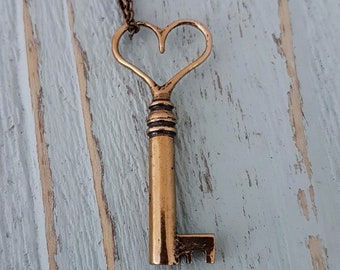 Gold Heart Key Necklace, Skeleton Key Necklace, Heart Skeleton Key, Key Jewelry, Key Necklace, Key to my Heart, Gift for Girlfriend,
