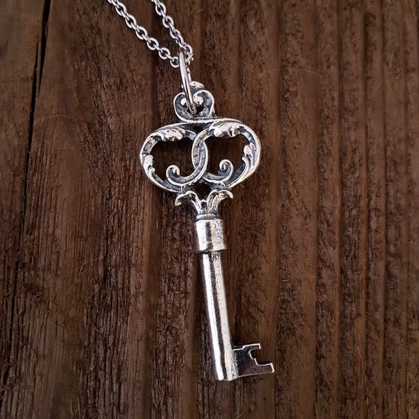 Sterling Silver Key Necklace - Large Skeleton Key Pendant - Fancy Key Necklace - Vintage Key Jewelry - Gift for New Mom - Push Present -