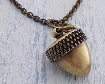 Acorn Necklace - An Acorn with a Secret Fall Fashion - Capsule Container Pendant Necklace - Solid Antique Brass - Multiple Chain Lengths