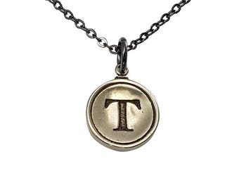 Letter Initial Necklace  - Personalized Silver White Bronze Typewriter Key Charm Pendant  - Solid Handcrafted - All Letters Available