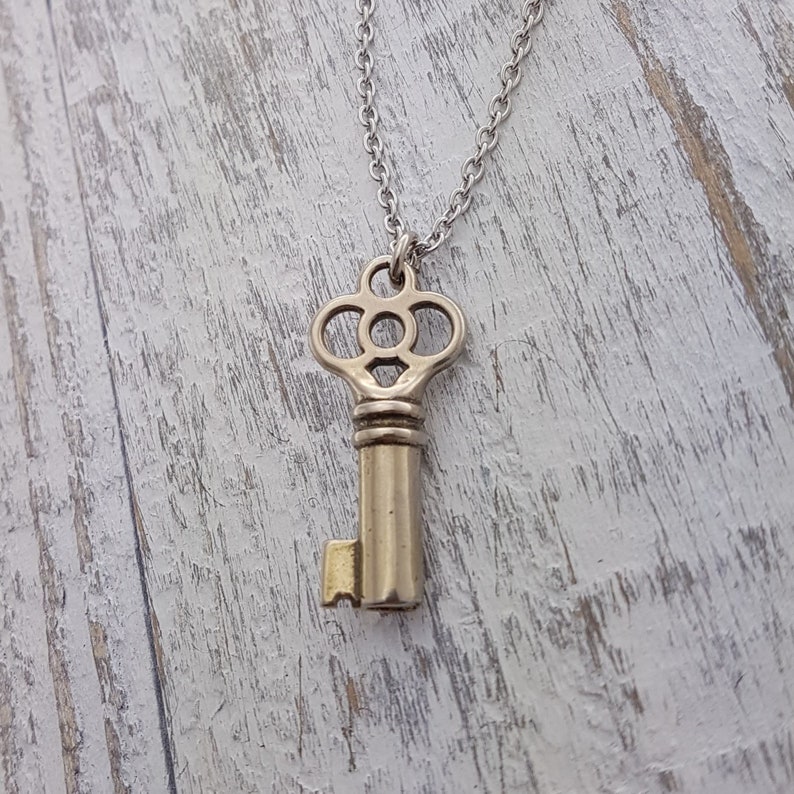 Silver Key Necklace, Key Jewelry, Handcrafted Pendant, Lucky Clover Necklace, Key Charm, Silver Key, Gift for Best Friend, Gift for Teacher image 1