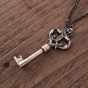 Skeleton Key Pendant Necklace - Victorian Bronze Key Charm - Ornate Antique Style Jewelry - Solid Bronze - Custom Chain Length