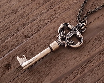Skeletsleutelhanger ketting - Victoriaans bronzen sleutelbedel - sierlijke sieraden in antieke stijl - massief brons - aangepaste kettinglengte