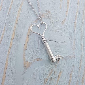 Sterling Silver Heart Necklace,  Skeleton Key Charm,  Heart Key Pendant, Gift for Girlfriend, Jewelry for Wife, Gift for her