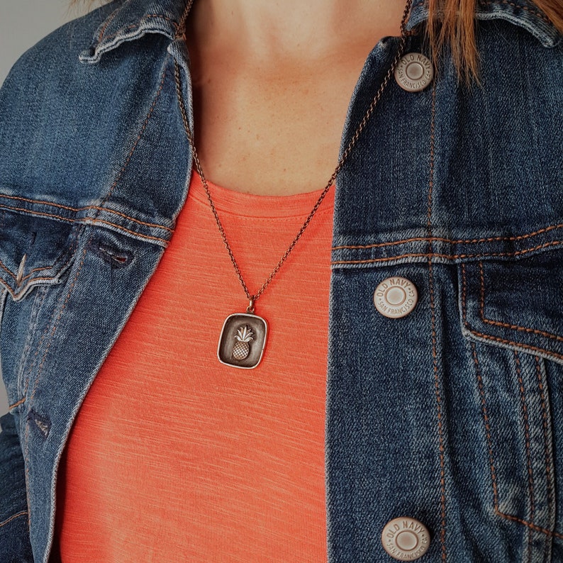 Solid Hand Cast Jewelers Bronze Polished Oxidized Finish Pineapple Charm Pendant Necklace Custom Gift Engraving Available