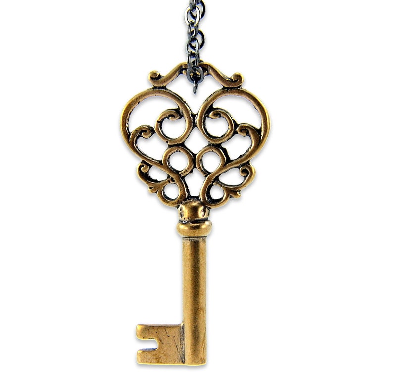 Fancy Key Necklace, Gold Key Necklace, Fancy Skeleton Key Necklace, Ornate Charm, Vintage Key Necklace, Bronze Pendant, Scrolled Pendant image 3