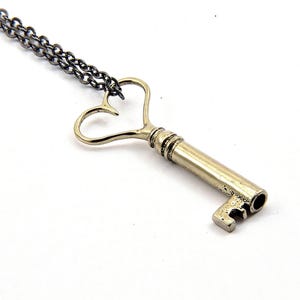 Silver Heart Skeleton Key Necklace Heart Key Pendant Necklace - Solid Cast White Bronze - Antique Reproduction - Multiple Chain Lengths
