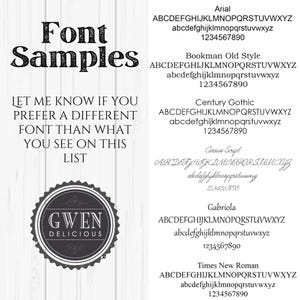 May include: A white background with black text listing different font styles. The text includes the alphabet in uppercase and lowercase, numbers, and the words "Font Samples". The text "Let me know if you prefer a different font than what you see on this list" is also included. A black and white logo with the text "GWEN DELICIOUS" is in the lower left corner.