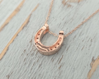 Hufeisen Halskette - Rosegold Vermeil Anhänger - Sterling Silber Glücksbringer, handgemachter Schmuck, Geschenk für Pferdeliebhaber
