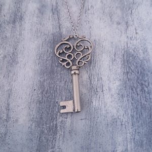 Skeleton Key Necklace, Silver Key Necklace, Ornate Charm Key Necklace, Skeleton Key Charm, Key Jewelry, Gift for Best Friend,