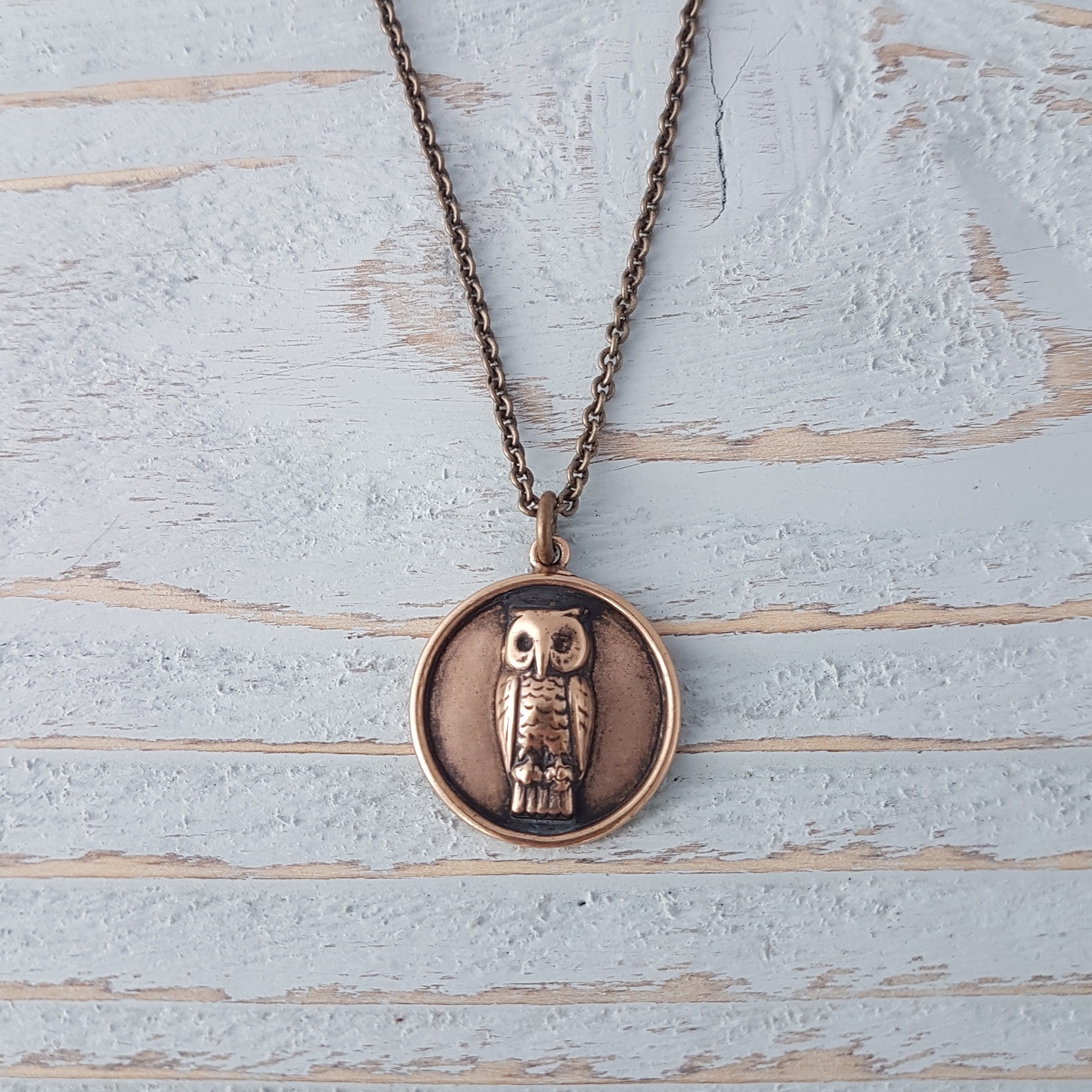 Engraved Owl Pendant Necklace: Solid Bronze Charm, Personalized Jewelry