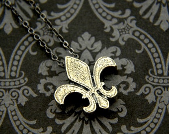 Silver Fleur De Lis Pendant Necklace Solid White Bronze with Sterling Silver Overlay