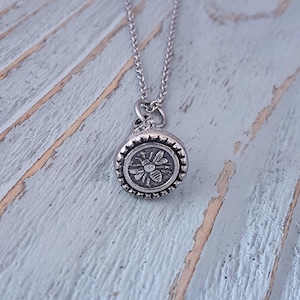Silver Bee Wax Seal Stamp Necklace - Solid Cast Silver Plated White Bronze - Multiple Chain Lengths Available