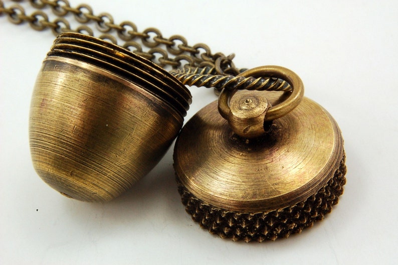 An Acorn with a Secret Fall Fashion Solid Antique Brass Acorn Necklace Multiple Chain Lengths Capsule Container Pendant Necklace