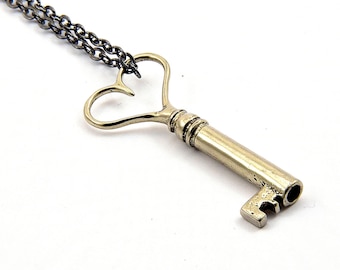 Silver Heart Skeleton Key Necklace Heart Key Pendant Necklace - Solid Cast White Bronze - Antique Reproduction - Multiple Chain Lengths