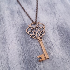 Fancy Key Necklace, Gold Key Necklace, Fancy Skeleton Key Necklace, Ornate Charm, Vintage Key Necklace, Bronze Pendant, Scrolled Pendant image 2