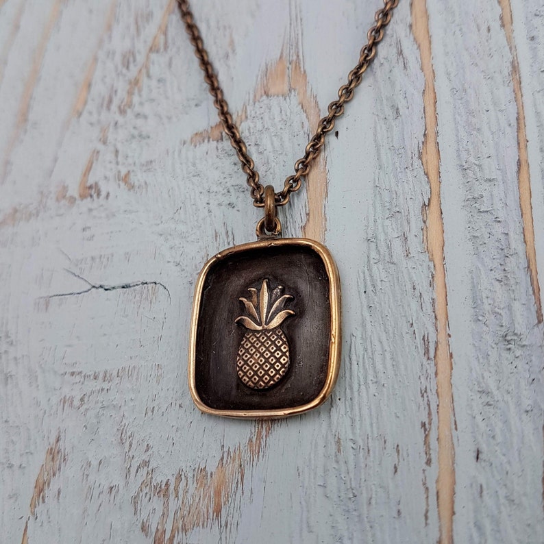 Solid Hand Cast Jewelers Bronze Polished Oxidized Finish Pineapple Charm Pendant Necklace Custom Gift Engraving Available