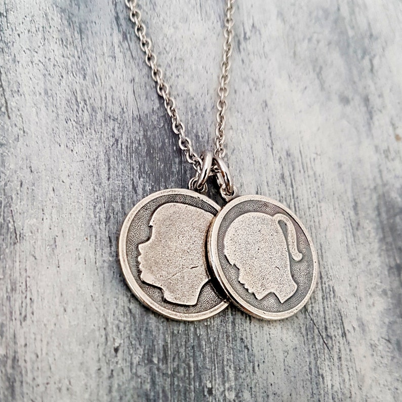 Girl and Boy Silhouette Charms in Solid 925 Sterling Silver on a Matching Chain Necklace Custom Engraved Message on Back image 2