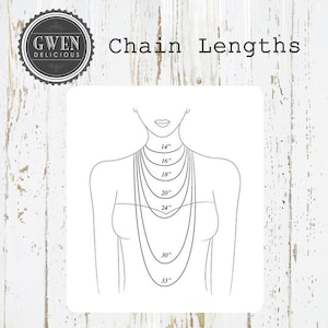 May include: A diagram showing different chain lengths for necklaces, ranging from 14 inches to 33 inches.