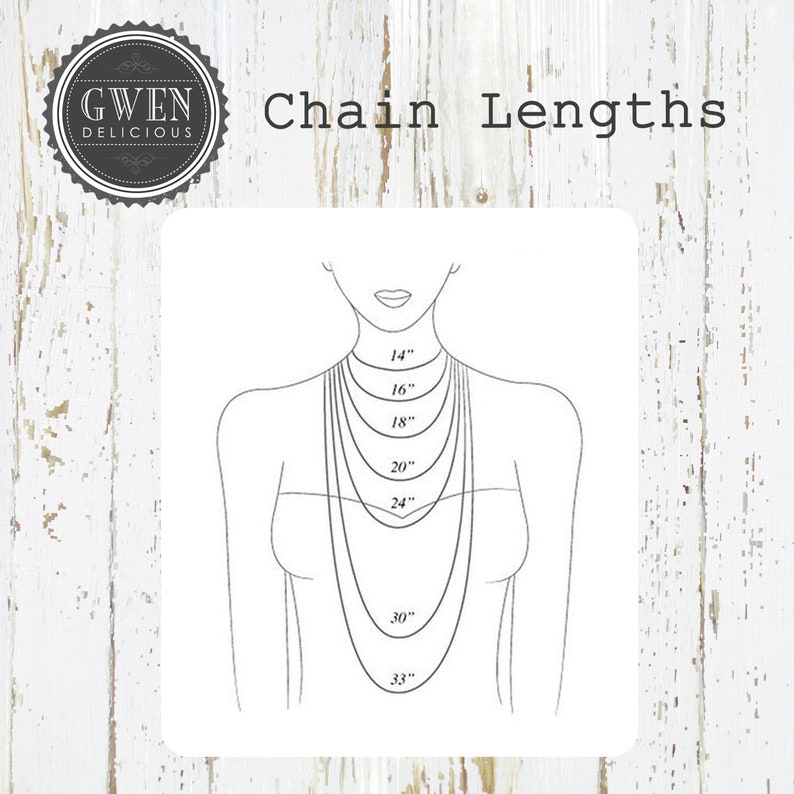 May include: A diagram showing different chain lengths for necklaces, ranging from 14 inches to 33 inches.