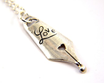 Sterling Silver Love Pen Nib Charm Necklace - Solid Cast - Hand Made - Available in Multiple Chain Lengths