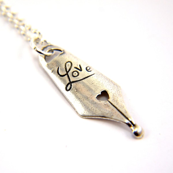 Sterling Silver Love Pen Nib Charm Necklace - Solid Cast - Hand Made - Available in Multiple Chain Lengths