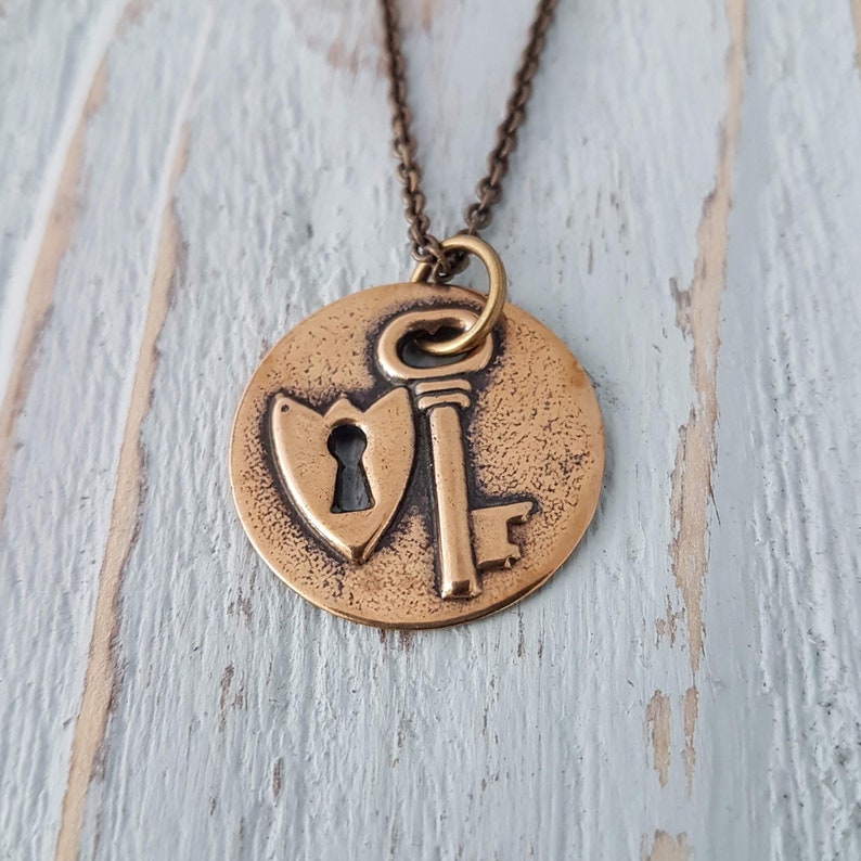 Lock Key Disc Gold Bronze Necklace Custom Engraved Necklace Personalized Pendant, Custom Personalized Wedding Gift, Anniversary Jewelry Gift image 2