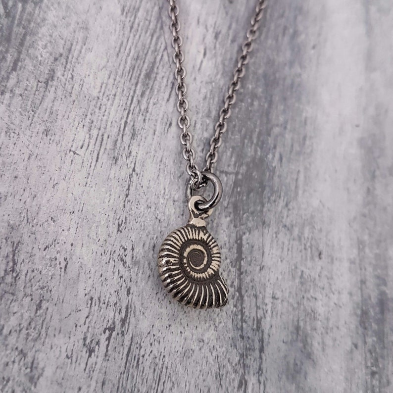 Silver Ammonite Fossil Necklace Tiny Fossil Necklace, Fossil Necklace, Ammonites Charm, Dinosaur Fossil Jewelry, Nautilus Necklace image 1