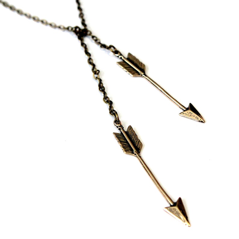 Arrow Necklace Double Arrow Bronze Lariat Necklace Gwen Etsy