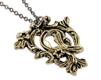 Victorian Silver Keyhole Necklace Pendant - Ornate Bronze Escutcheon Skeleton Key