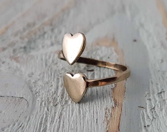 Double Heart Ring - Solid Bronze - Adjustable